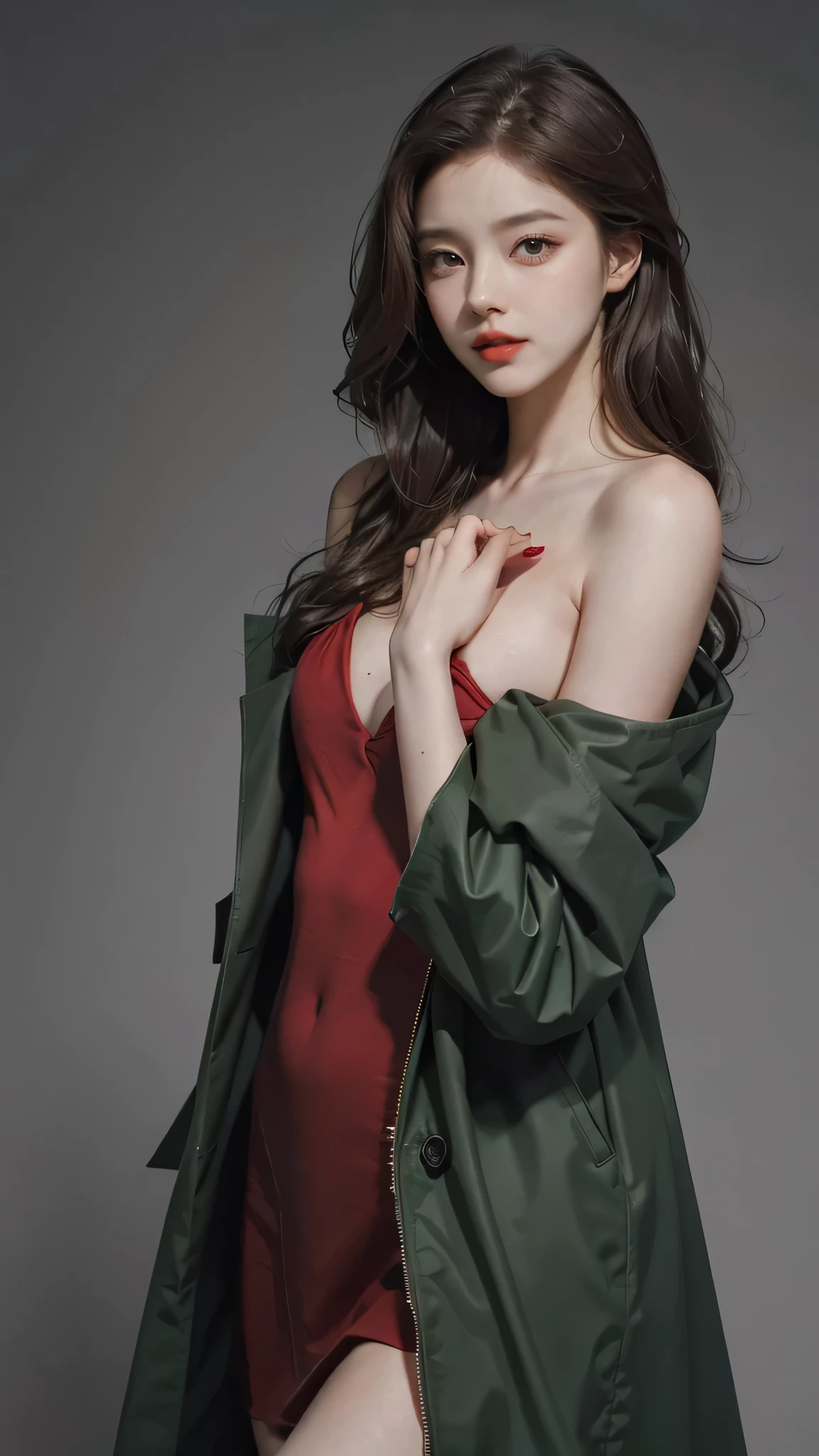 Girl wearing, luxury green coat, shoulder length hair, wavy hair, glowing skin, star in eye, red lips, grey  background, cute poses.