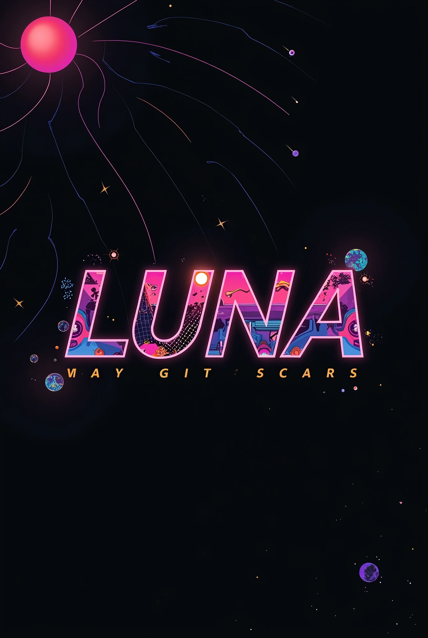 High resolution, Logo for Jdm cars, logo spelling swiftly “Luna” cool, Jdm theme, anime theme, Cyberpunk vibe name spelling, brand logo, logo for tshirt, brand logo “LUNA”, neon vibes, acid trip vibes, acid trip, shooting stars, acid trip inside “LUNA”, acid trip, hallucinations inside “LUNA”, Waves of hallucinations, splash,