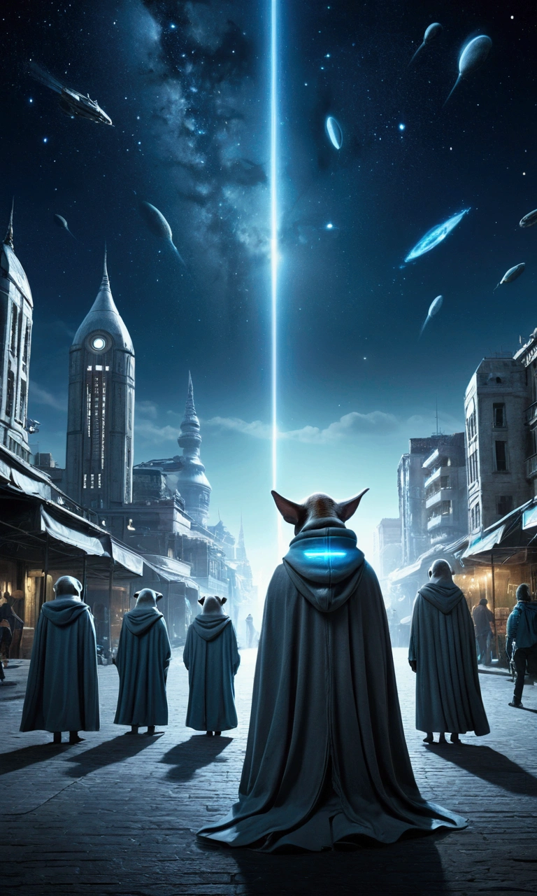 A fantastic alien plot, in the central square of a very unusual alien city there are 10 humanoid alien dogs dressed in spacious gray capes with wide hoods on their heads, eyes glowing with light blue neon light are visible from under the hoods, humanoid alien dogs hold signs with the text "#FreeDurov" in front of them, a dark sky above the city alien sky with unknown constellations and distant nebulae and galaxies, spaceships flying over the city, clear lines, high detail, high contrast, high resolution, 8k
