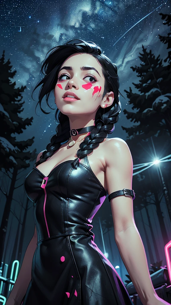 one girl, solo, slender body, fit body, (bust:1.3), (black eyes:1.3), black hair, (two cute braids:1.2), masterpiece, highly detailed, look at viewer, below view, (leather dress, choker:1.4), (long exposure starry sky with many circular orbits, many stars twinkling in a beautiful bright winter night sky, forest, fractal art, bright colors, colors mashing, paint splatter, complimentary colors, neon, compassionate, limited palette:1.3), expressing joy, (dark sky background, thunder, lightnings, electric:1.1)