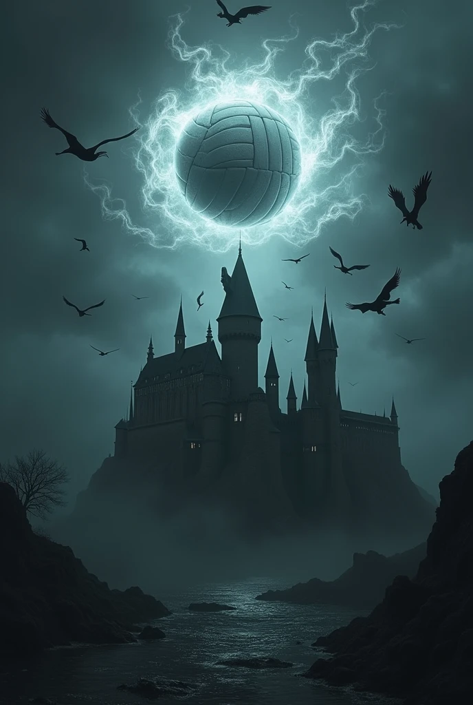 The symbol is supposed to combine the themes of volleyball and Azkaban from Harry Potter. At the center, a dark castle, similar to Azkaban, surrounded by Dementors flying around. The volleyball can be integrated as a glowing sphere above the castle, surrounded by magical chains or smoke, symbolizing the confinement of Azkaban. the color palette should be dark, com tons de preto, gray and dark blue, while the volleyball should shine white or silver, creating a mystical contrast.