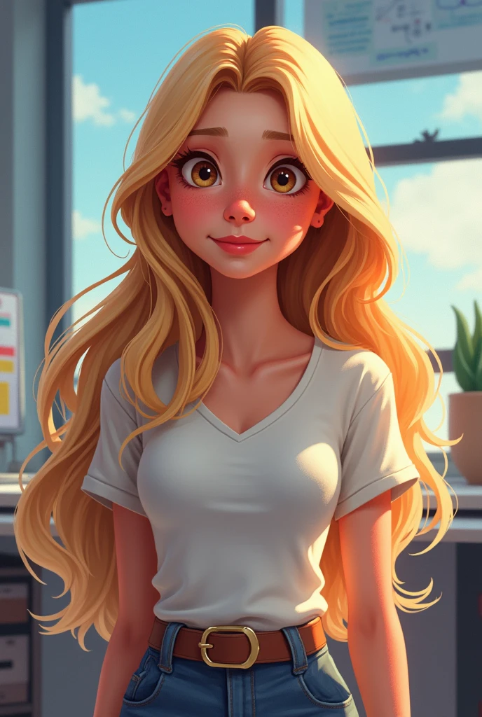 2d pixar style programmer; blonde hair; long hair; brown eyes; woman; (not the fruit).