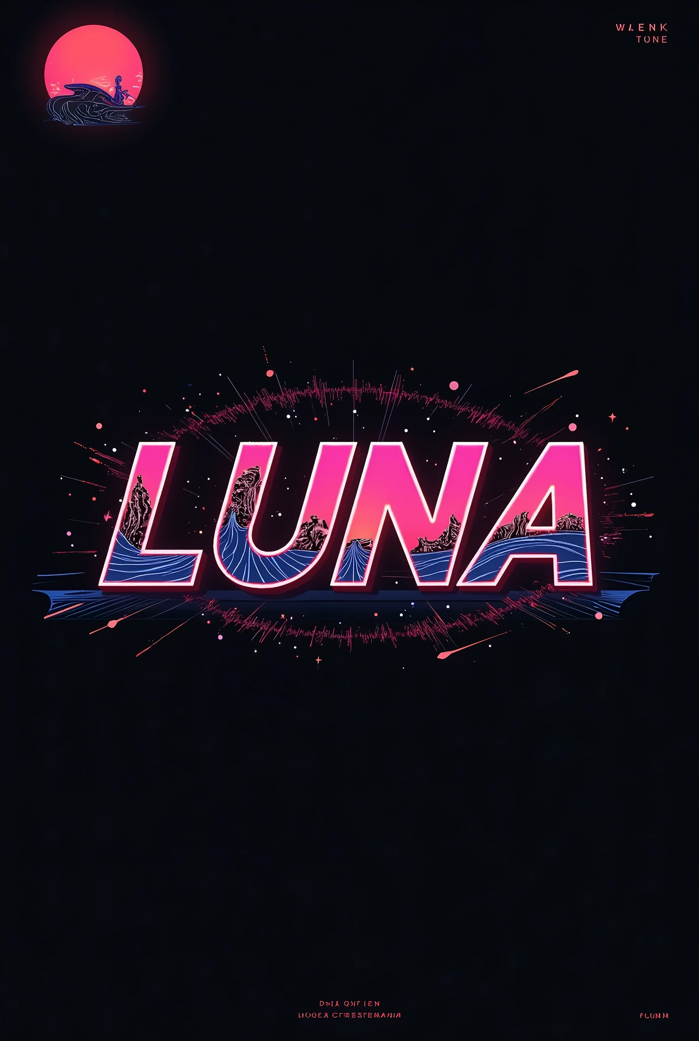 High resolution, Logo for Jdm cars, logo spelling swiftly “Luna” cool, Jdm theme, anime theme, Cyberpunk vibe name spelling, brand logo, logo for tshirt, brand logo “LUNA”, neon vibes, acid trip vibes, acid trip, shooting stars, acid trip inside “LUNA”, acid trip, hallucinations inside “LUNA”, Waves of hallucinations, splash,