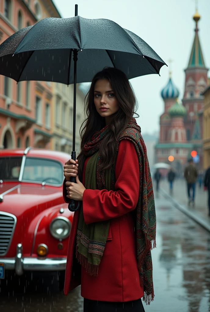 A rusian girl in Russia culture with a red car  and carry a umbrella in rain 
