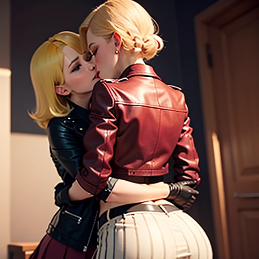 Lesbian mating, .Passionate and sexy image, black leather jacket above the waist, leather gloves on hands , The blonde is wearing a burgundy pleated leather skirt., Brunette holds and kisses blonde in leather pants from behind, 4K, top quality, detailed face