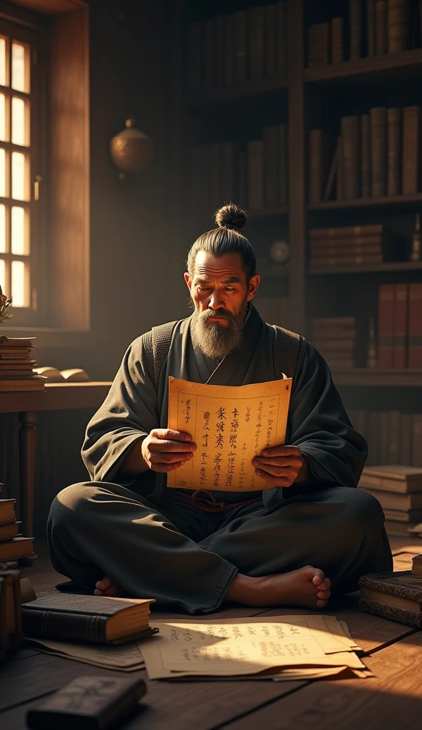 An interior shot of a samurai reading an ancient scroll in a dimly lit study, books and manuscripts scattered around, UHD, detailed, warm, and contemplative.