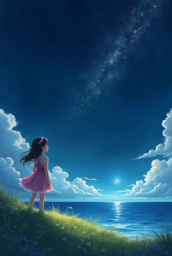 Starry Sky,Little clouds,Girl,One Piece HD,Fantasy,Grass,night,Ocean,horizontal line