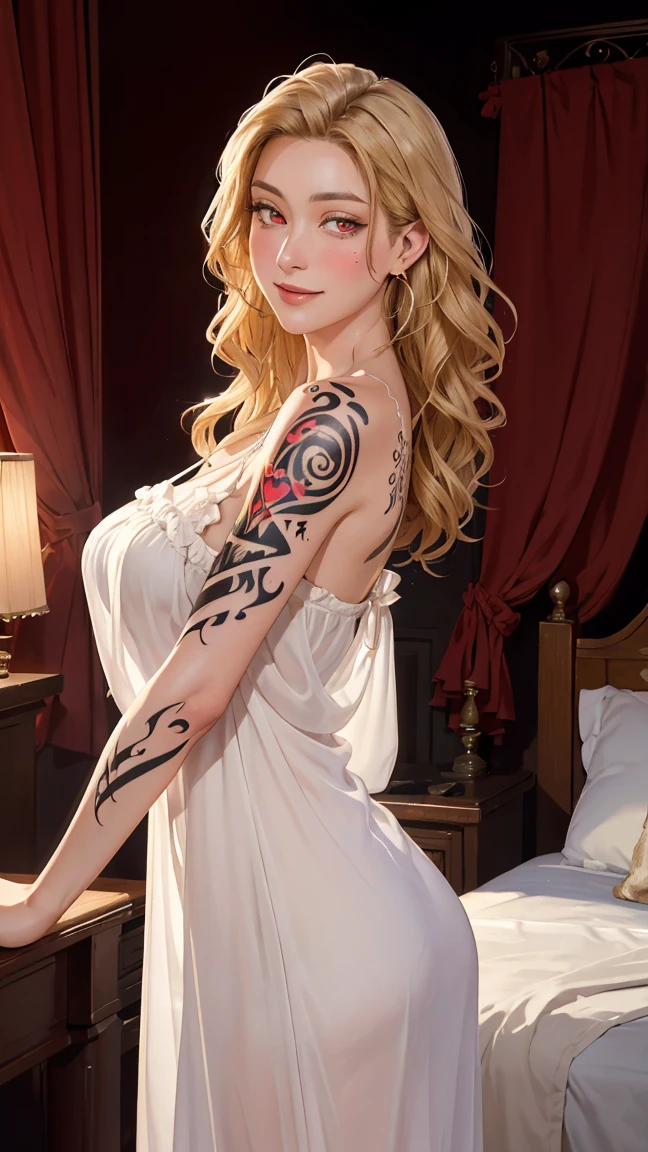 ((((masterpiece, best quality, high resolution)))), Extremely detailed 8K, Beautiful girl with voluptuous body, (Ultra HD, Ultra-detailed, Highly detailed, Highly realistic, Ultra-realistic, photograph realistic), (1girl:1.5), (Realistic blonde hair), (long wavy hair, hair ornaments, earrings), (dynamic poses), facing at camera, looking at viewer, (blushing red, embarrassed, smile), (red eyes, sharp eyes), (large perky breasts:1.2), (beautiful detailed face, beautiful detailed eyes), ((silk nightdress)), (body tattoo:1.3), (standing up), sweat, glow, (sunbeam, sunlight), ((cowboy shot)), bedroom, seductive