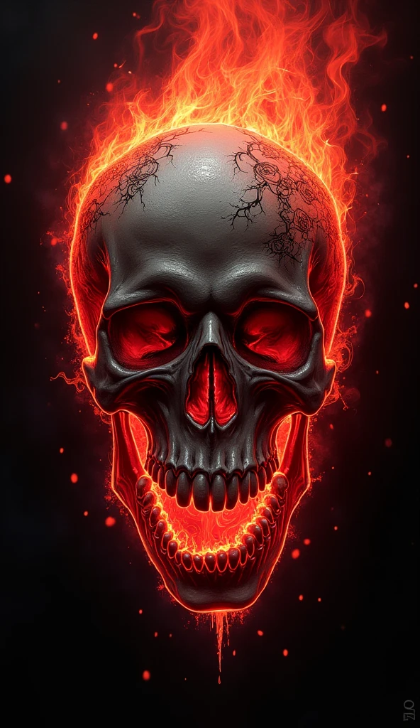 A skull with glowing red flames, tattoo-style design on a black background, vector art illustration, highly detailed and intricate, high resolution, high quality, high detail, digital art, digital painting, hyperrealistic, hyperdetailed, high definition, hyper-realistic, hyperalphabetic .