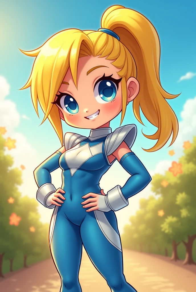 Chibi, fitnes girl, sexy, cute, tiny smile, blue eyes, sunnny day, power rangers blue white latex clothes, ombreira, yellow hair, thicc,cartoon, big breasts