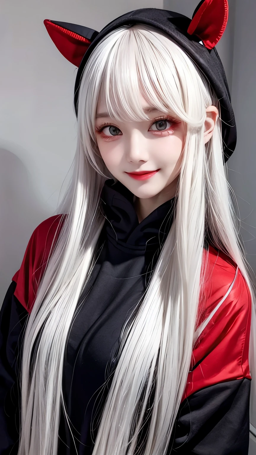 Long white hair - Red eyes - Black hair accessory - Hoodie - Elegant - Mysterious - Less revealing - Modest - Unique - Smiling - Attractive - Presence