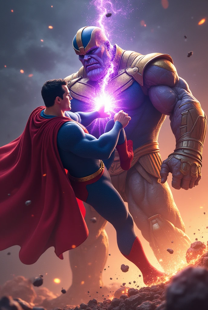 Superman hitting at Thanos by kick
