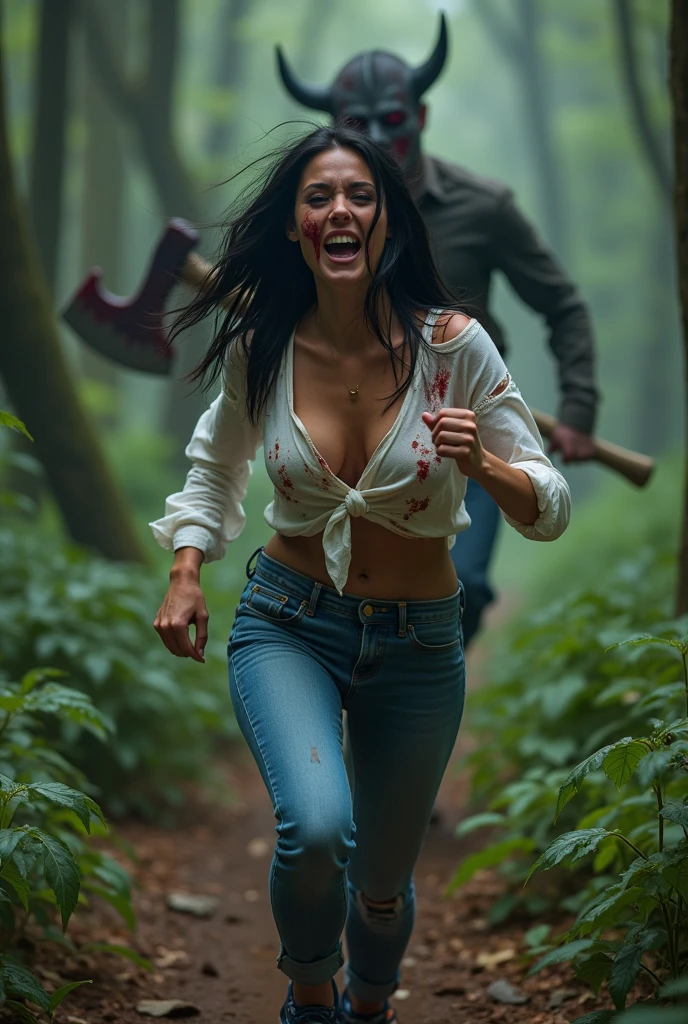 ultra realistic, photography, long black straight hair, messy hair, (30 years old, hazel eyes, hourglass figure, perfect fit body, natural big breasts), femme fatale, she is wearing a very ripped apart and torn white blouse with a plunging neckline, pushed down over her right shoulder, blood is on her blouse, there are bloodstains on her blue jeans, her sneakers are dirty, she is sprinting through the woods, she is screaming in absolute terror, she is very afraid, a guy with a devils mask and a big bloody axe is running after her, extreme wide angle