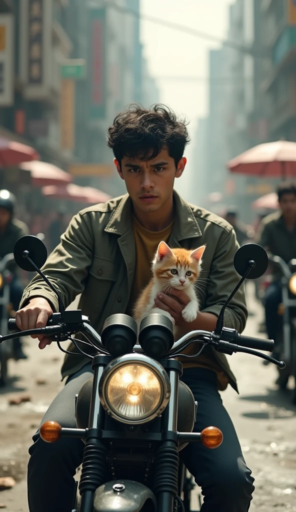 A father and cute kitten who were riding a motorbike had an accident on a city street 