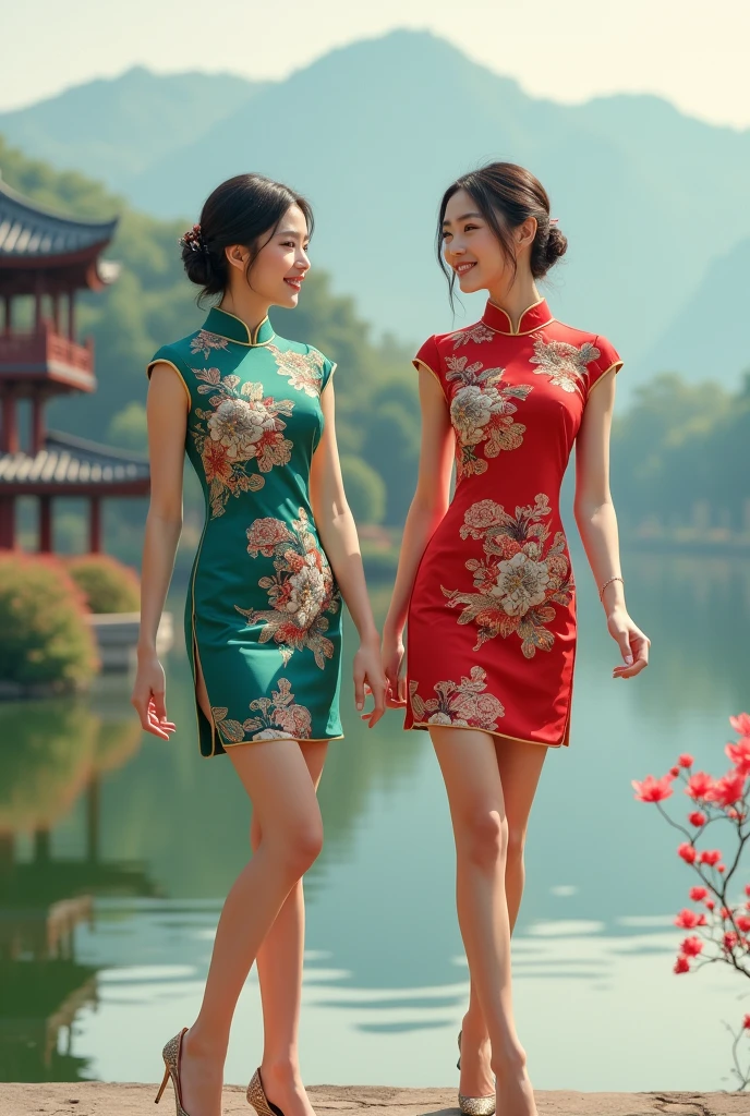 Chinese ladies，Short cheongsam，High heel，Hangzhou scenery