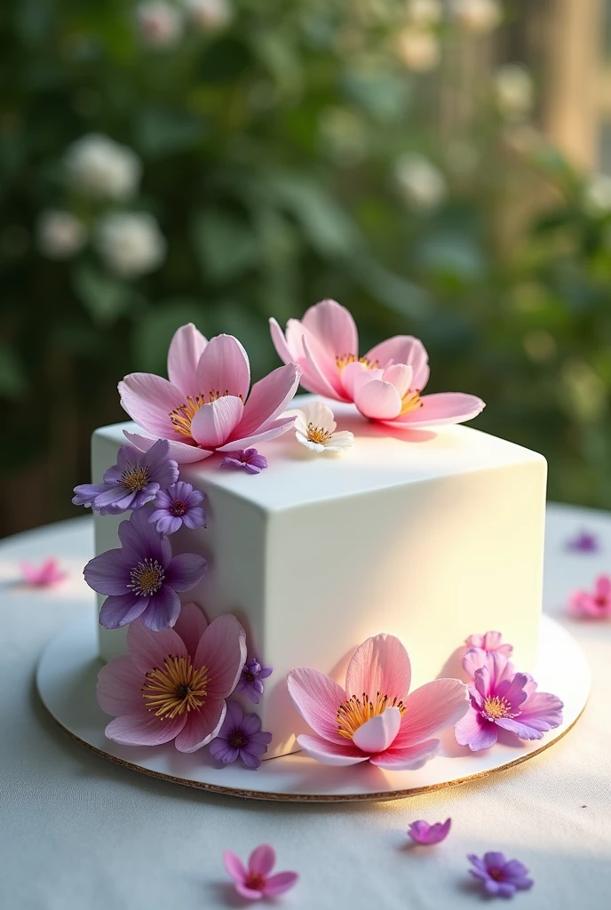 Cube Cake,Covered with June flowers, On an outdoor table.