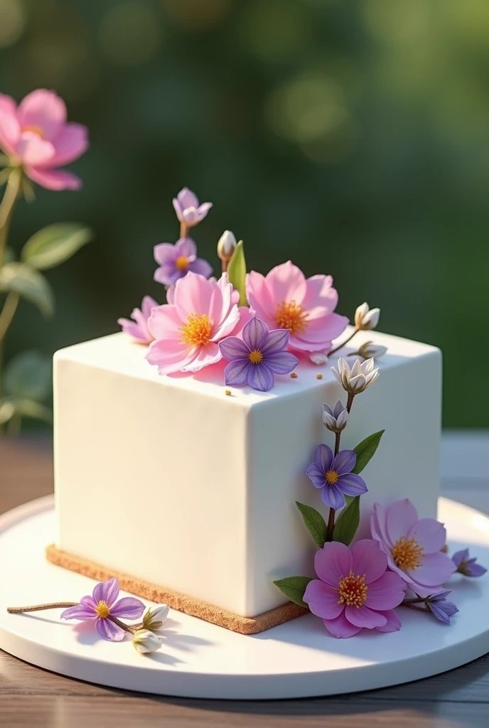 Cube Cake,Covered with June flowers, On an outdoor table.