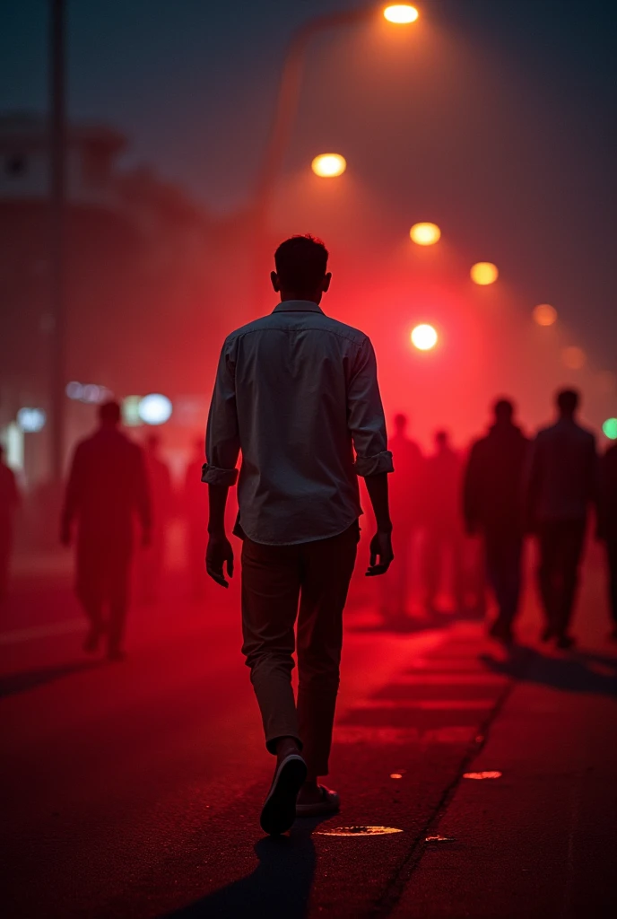 A bloody indian man raped and murdering a women between the crowd of peoples with red light in a big road at midnight