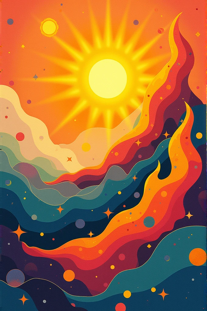 "Please, draw an abstract representation that captures the essence of my personality. Includes a bright sun to symbolize my joy, a star or fire for my enthusiasm, and small symbols such as circles or stars to allude to piercings. Use bright and cheerful colors to reflect my energy and love for life.”