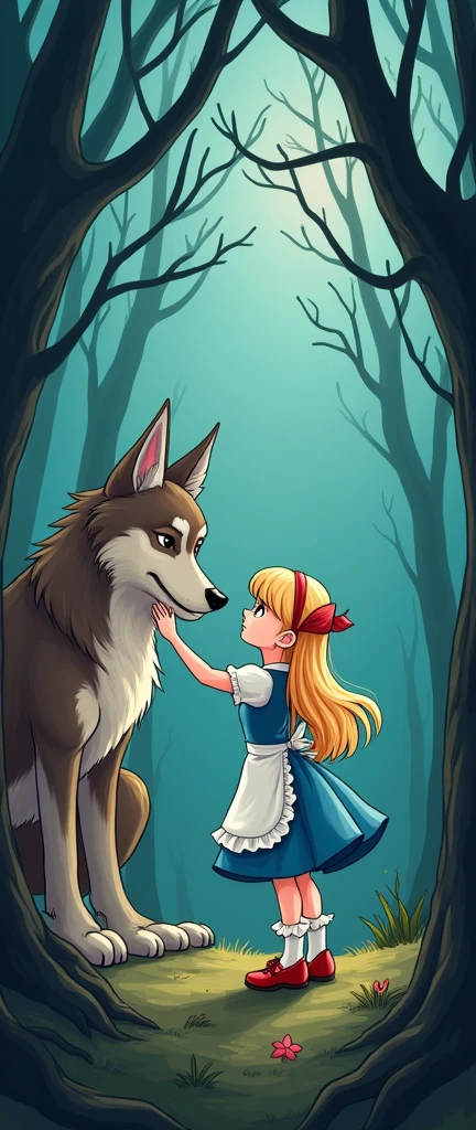 Cartoon with text:
Cute and adorable girl, blonde hair, hairband, blunt bangs, blue dress, white apron, white ruffle socks, red mary jane shoes, talking to a big handsome Wolf, full body view, inside a scary forest