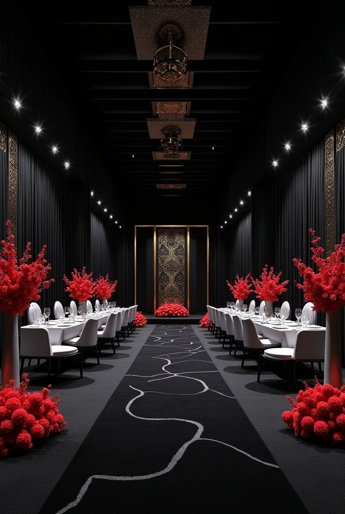 Genoretor a picture of large tent of marriage function with black theme with black roof and carpet with white table and chairs with red flowers in decoration ( Pakistani marriage funtion)