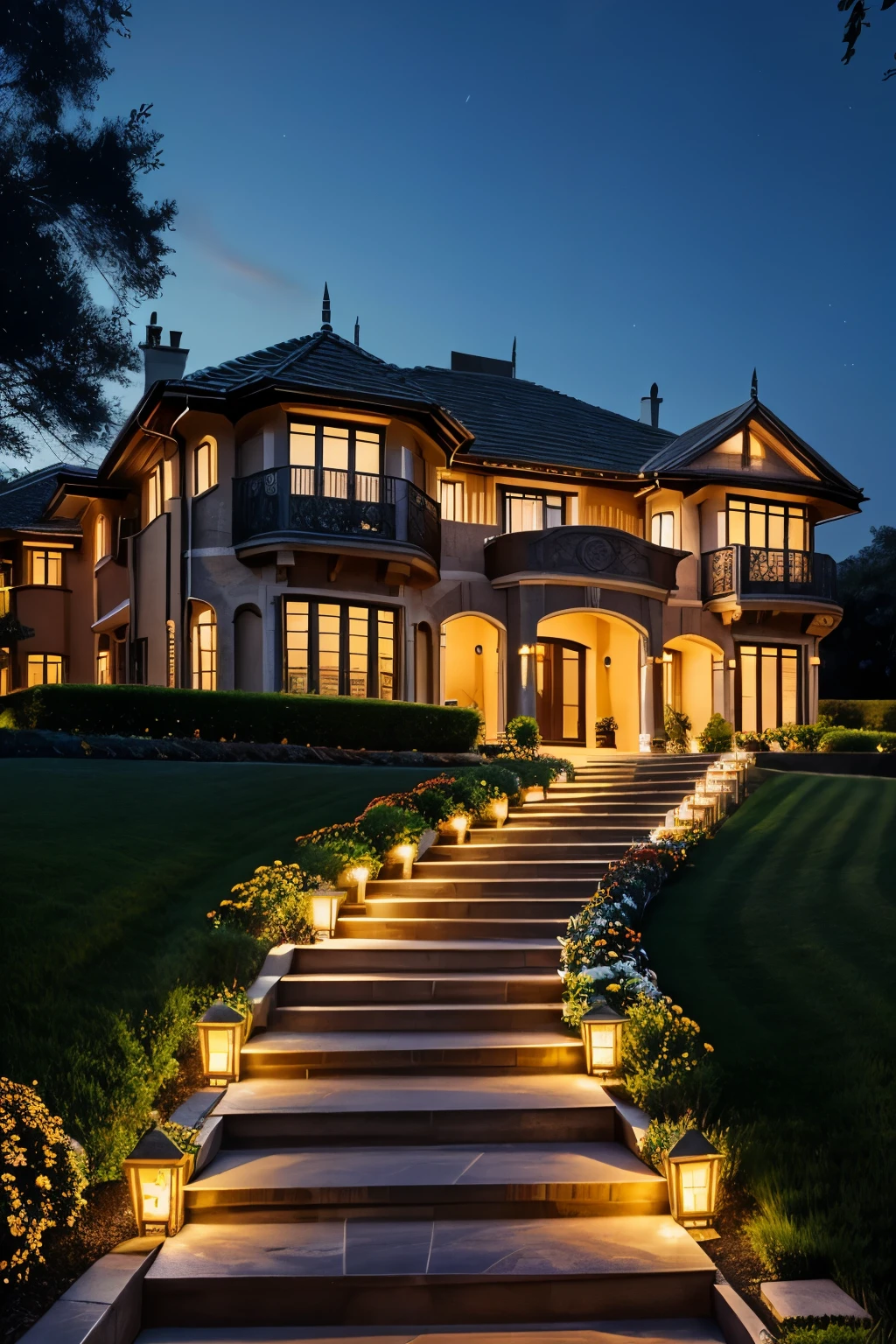 Beautiful luxury house with so many lights and beautiful landscape very big house and stairs lightining outside the building there is lot of flowers