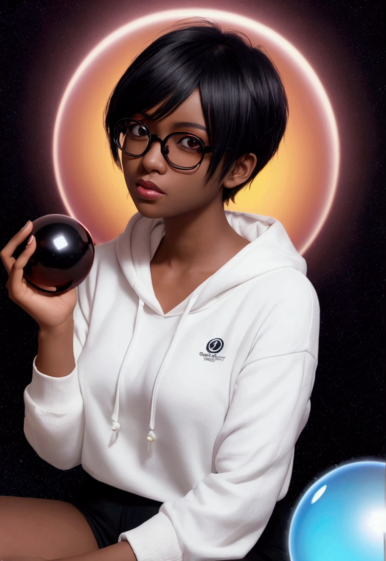 ((One person)), anime, Short black hair, Dark Skin, Shiny glasses lenses, Mouth closed and expressionless, Sitting, She holds a glowing sphere in her hand.、Two other glowing spheres orbit her..