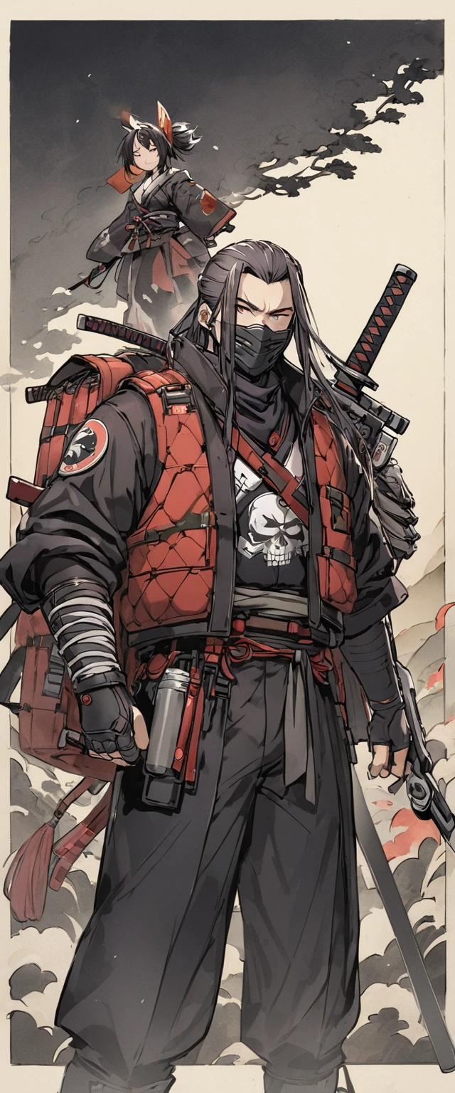 Ronin's outfit made of shiny scarlet silk。A world of thick fog,Standing in a wheat field。Bust Shot。Dark Eyes。clothes are blowing in the wind。Grin。Katana on the waist。Stylish pose。Many small lanterns are floating。Mustache。Beard。Messy long black hair。 A thin young ronin。alone。Spooky atmosphere。Japan。Red Sky。Chiaroscuro,Big black dragon behind。