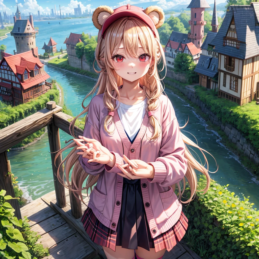 Pink Blonde、Red eyes、Wavy Hair、Hair tied up、Two cute、Checked mini skirt、black t-shirts、cardigan、Knee-high socks、bear ears baseball cap、Teeth are visible、Monster Castle、Tilting face、windmill、grass、Stones are growing out of the ground.、Holding hands with a teddy bear、In front of the city gates、Underground tunnels、Waterway、Wooden bridge