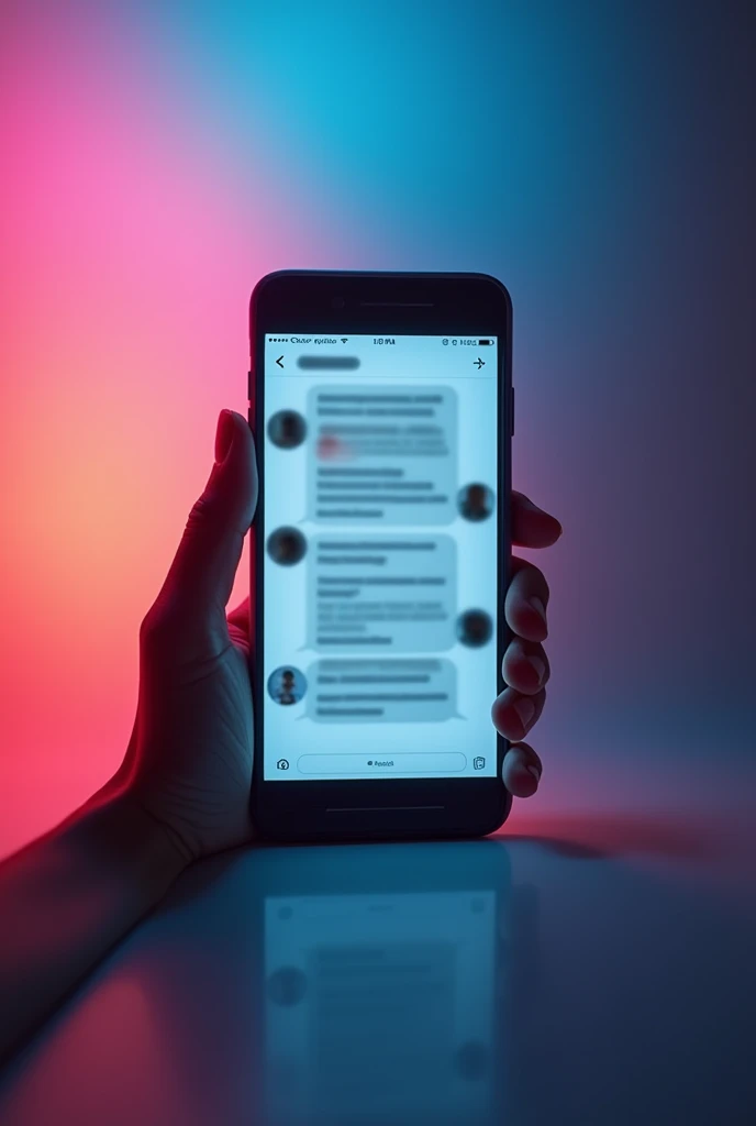 generate a nice gradient background with smartphone which has a leaked chat on the phone don't add hand blend the image and also include a blur image in the phone Chat