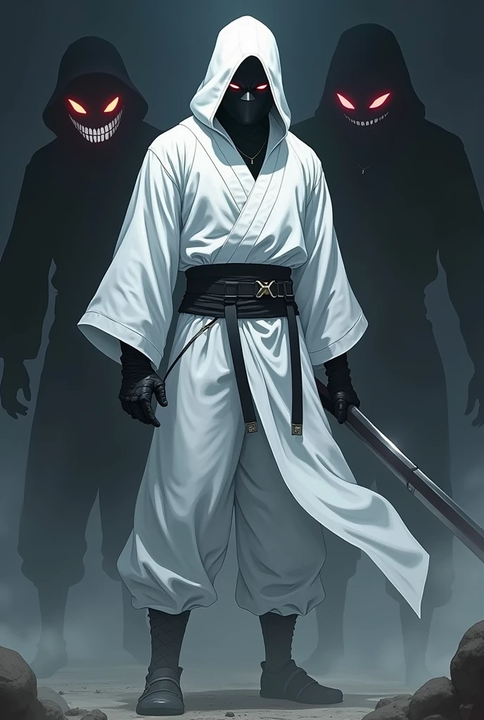 Anime style Warrior good physical shape without eyes with white Japanese ninja combat suit with white full mask with completely black eyes with a shadow clone with eyes and long smile