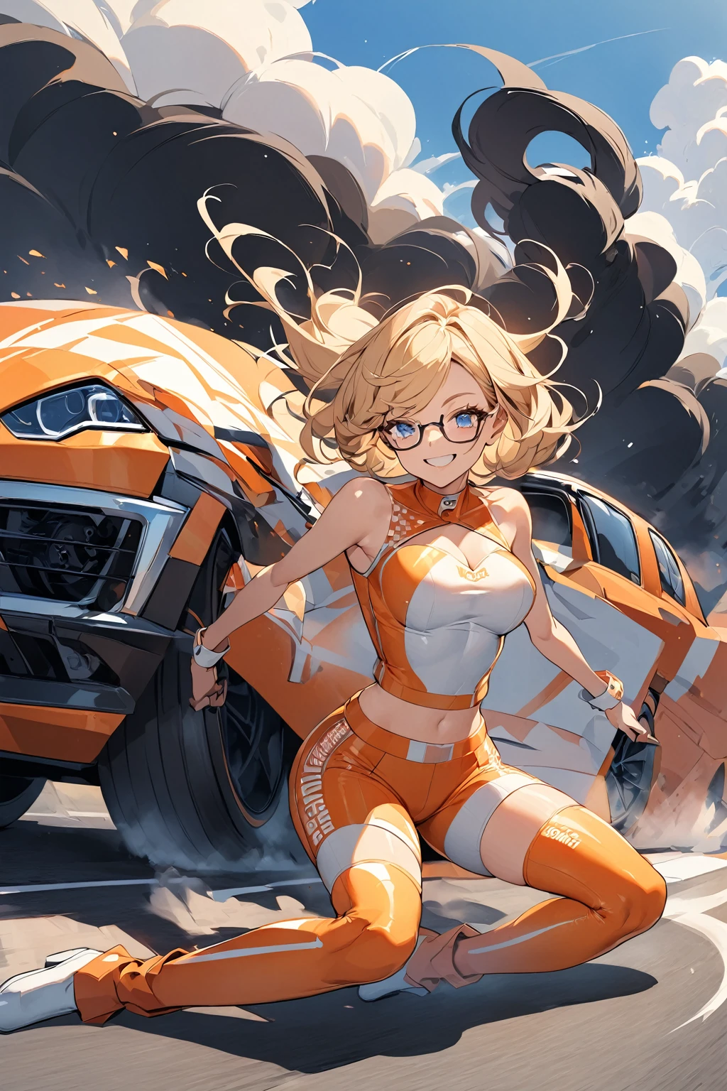 Illustration of a grid girl with very short blond hair and glasses on her blue eyes. The character is wearing a grid girl costume. The costume is a shiny costume based on orange and white, and the sleeveless top is short patterned in orange and white, and the bottoms are tight shorts. They are wearing orange high-heeled boots underfoot. She has an energetic and confident smile on her face.
In the background, a drag racing pickup truck is ejecting large amounts of black smoke from the exhaust pipe. The tire caused the wheel to spin, and white smoke was drifting around it.