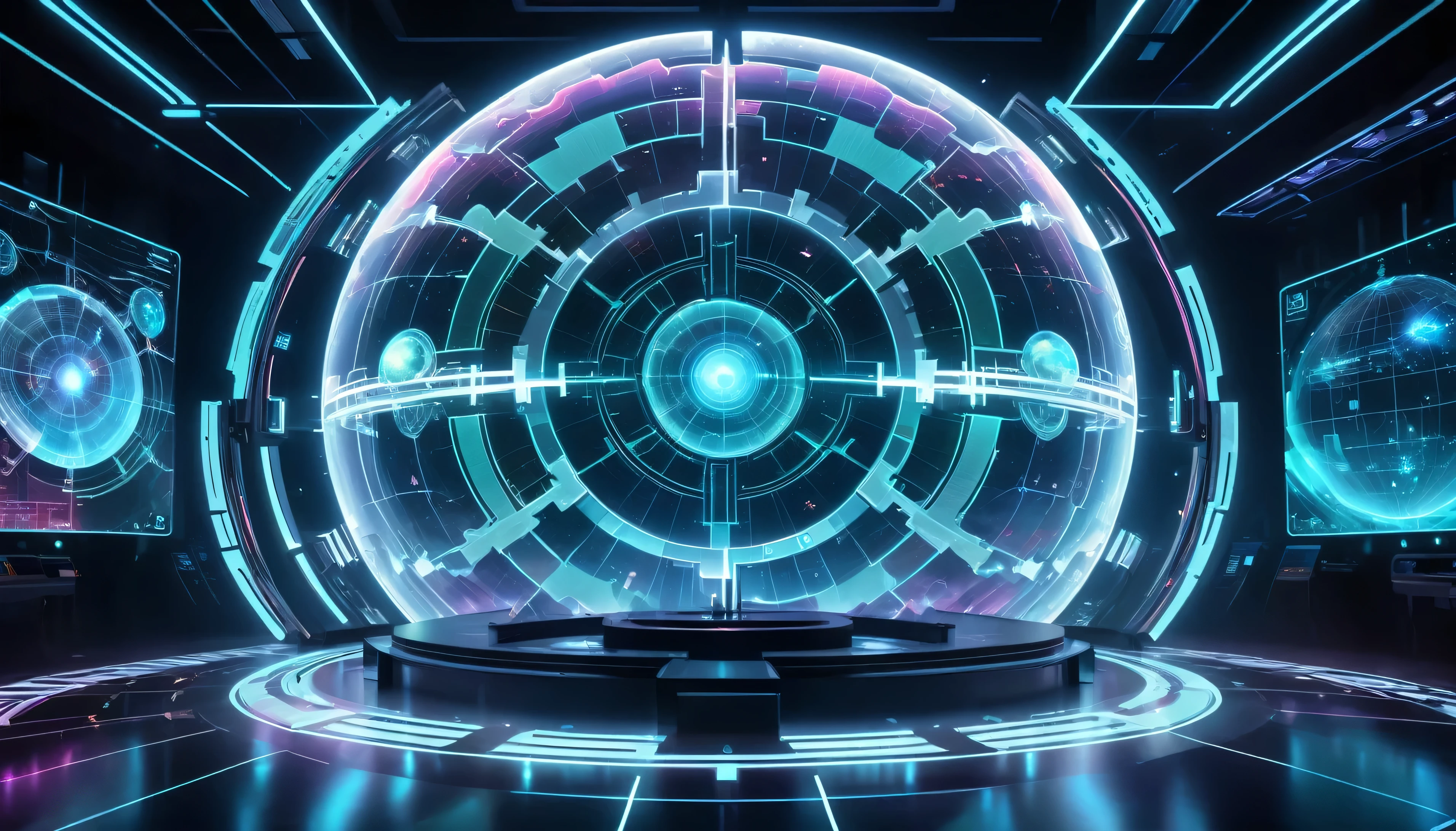 There is a futuristic transparent ethereal astronomical map in the middle of the high-tech conference hall,3D astronomical map,Holographic projection astronomical map,Map of cosmic galaxies,spherical,transparent,cyberpunk,X-ray,fluorescence,neon lights,high tech,Command Hall,Control lobby