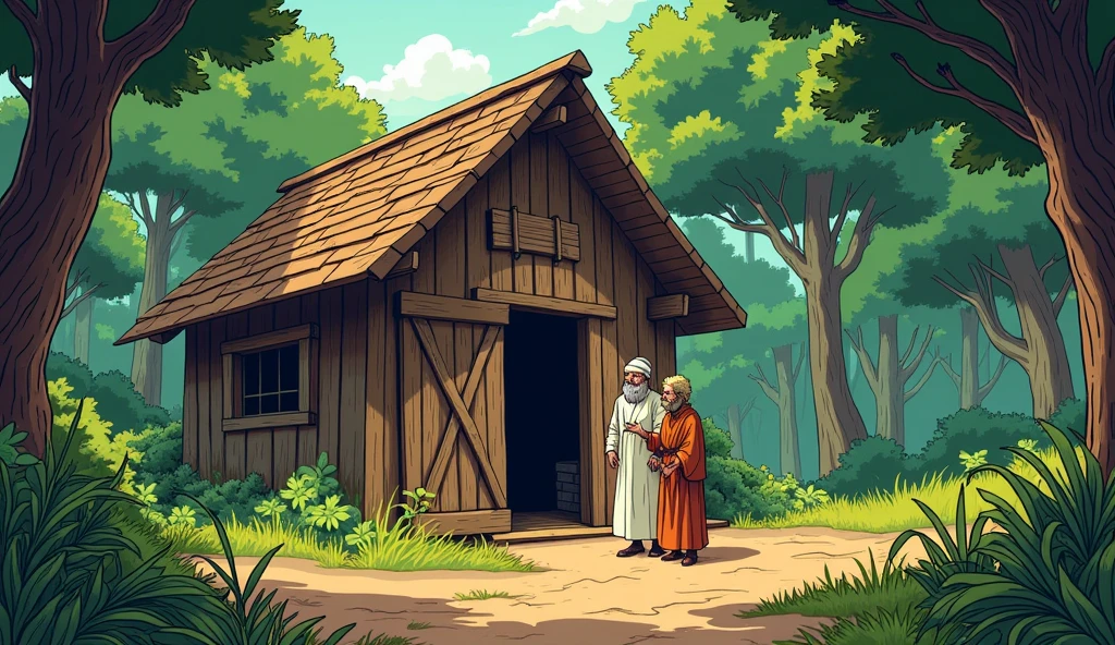 Arav Arrives at Sage Bhaskar’s Hut
Description: A comic-style image of Arav standing in front of Sage Bhaskar’s simple wooden hut. The sage, an elderly man with a serene expression, is dressed in white robes and is welcoming Arav with a warm smile. Arav, still in his bronze armor, looks relieved to have found the sage. The hut is surrounded by tall trees, with a calm and peaceful atmosphere.
