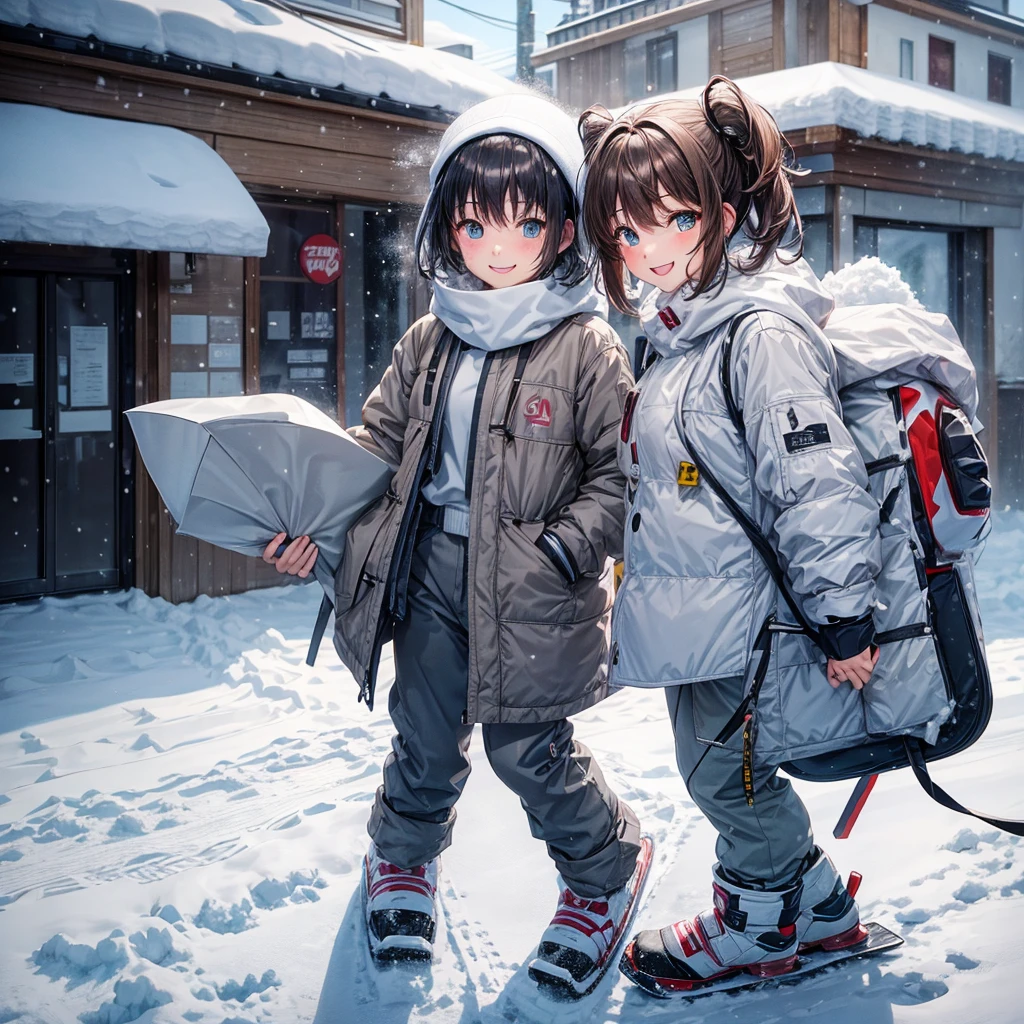 anime, Tabletop, Highest quality, 8k_wallpaper, (Beautiful Eyes), ((Snow is piling up)), cute, (Grey outerwear、Grey trousers),One Girl、smile、Brown short hair、Ski resort on a sunny day、Doing snowboarding、Holding a beer in hand