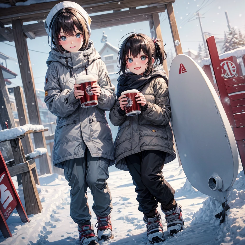 anime, Tabletop, Highest quality, 8k_wallpaper, (Beautiful Eyes), ((Snow is piling up)), cute, (Grey outerwear、Grey trousers),One Girl、smile、Brown short hair、Ski resort on a sunny day、Doing snowboarding、Holding a beer in hand