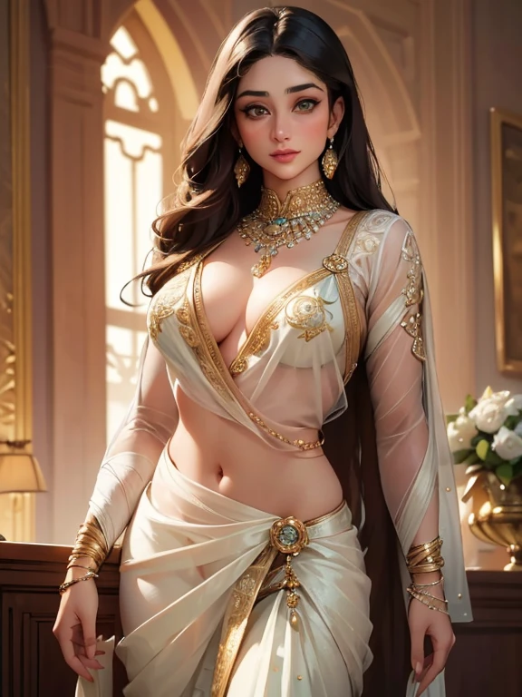 kareenak, beautiful detailed face of kareena kapoor, realistic indian model, light green eyes, long black hair, white and gold saree, indian saree , beautiful detailed indian saree, small breasts, beautiful detailed eyes, beautiful detailed lips, extremely detailed face and features, fair skin, shiny skin, wide hips, sexualized, (best quality,4k,8k,highres,masterpiece:1.2),ultra-detailed,(realistic,photorealistic,photo-realistic:1.37),intricate details,soft lighting,warm color tones,elaborate jewelry,sensual pose,cinematic composition, " looking at the viewer"