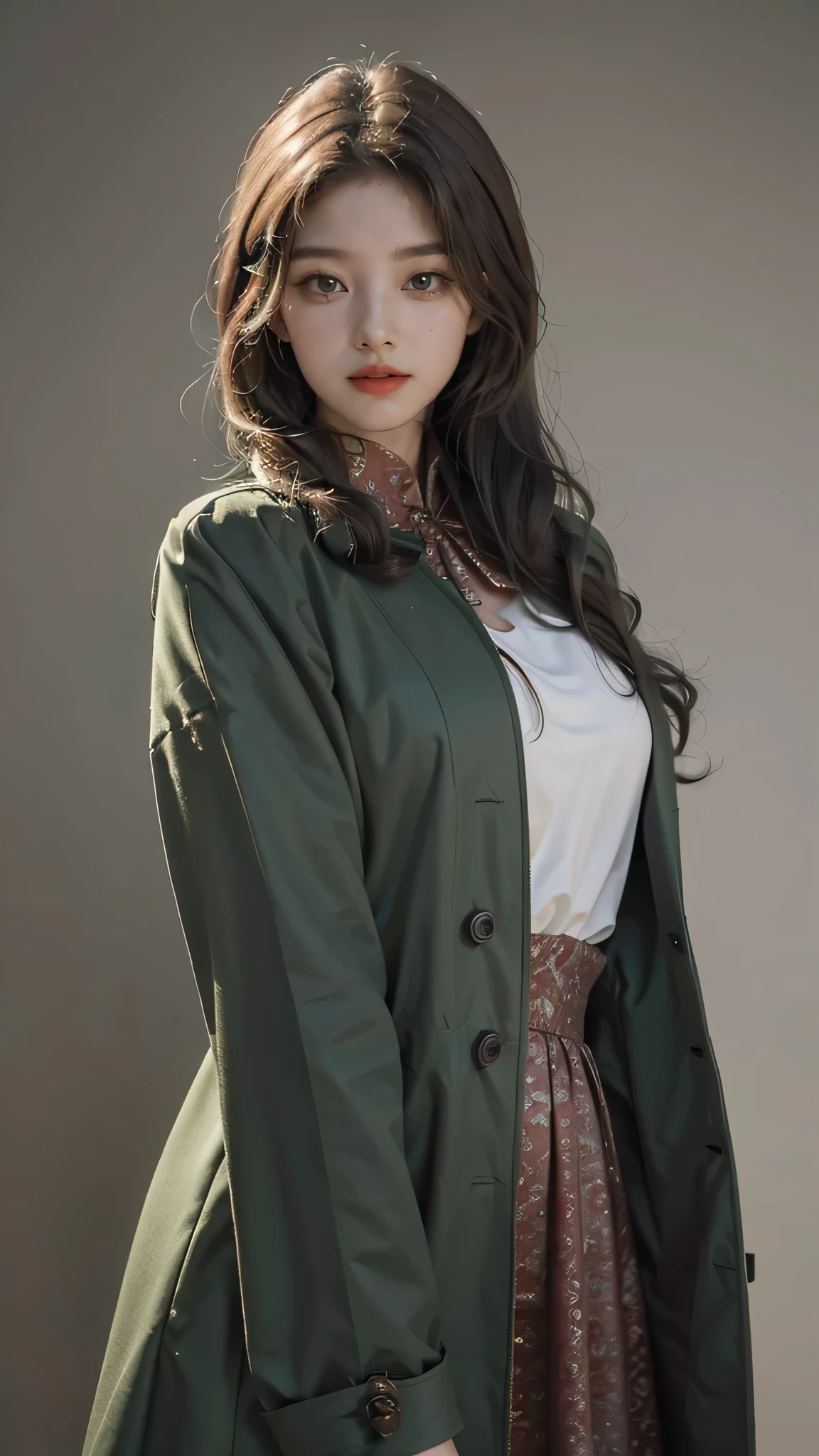 Girl wearing, luxury green coat, shoulder length hair, wavy hair, glowing skin, star in eye, red lips, grey  background, cute poses.