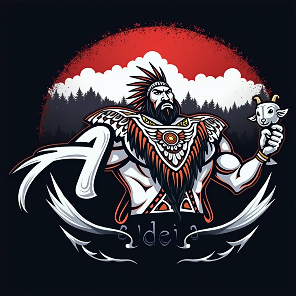 Create a sports logo with the name ALDEIA with an Indian mascot holding a trophy and a small goat next to it