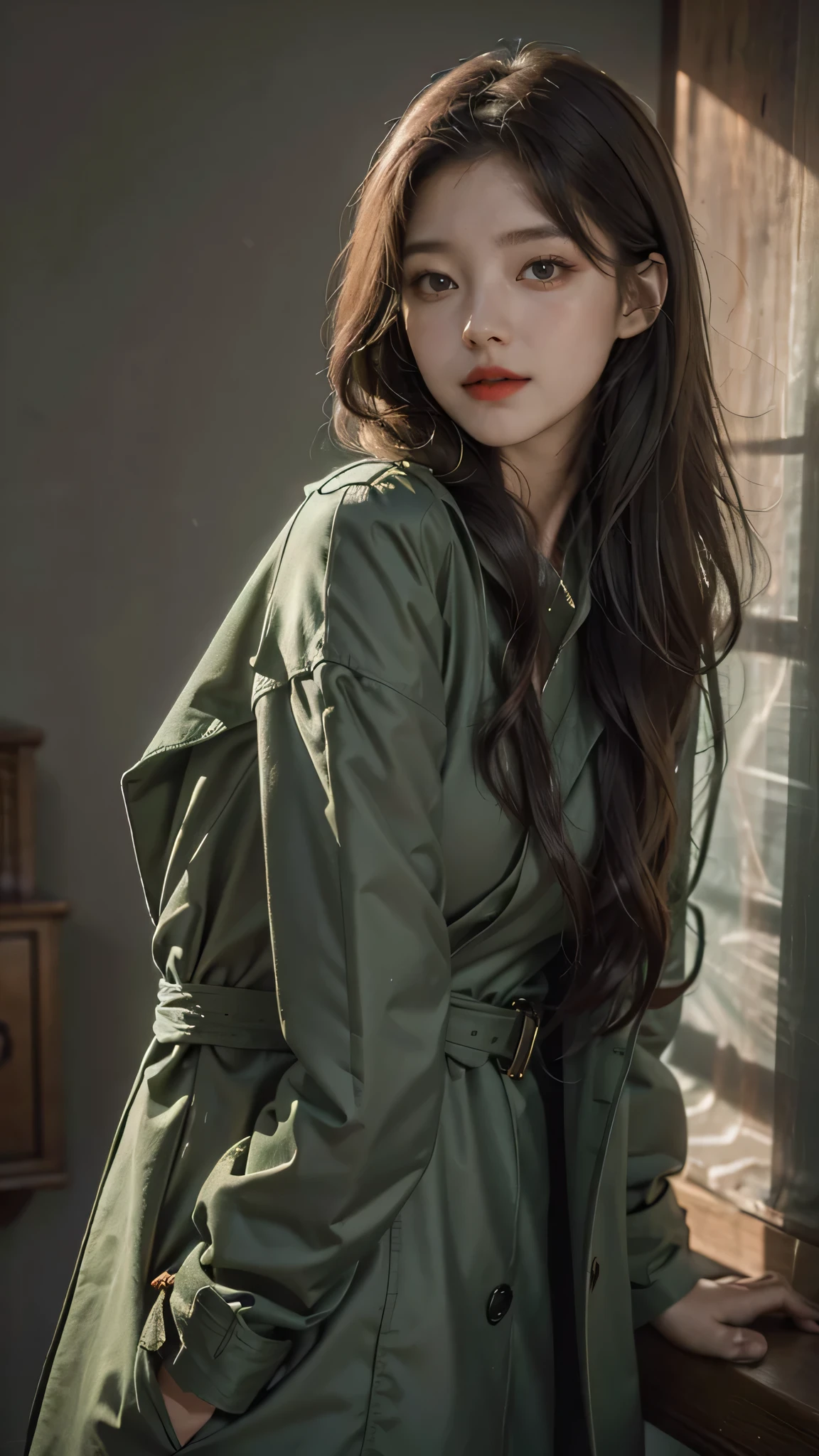 Girl wearing, luxury green coat, shoulder length hair, wavy hair, glowing skin, star in eye, red lips, grey background, cute poses.