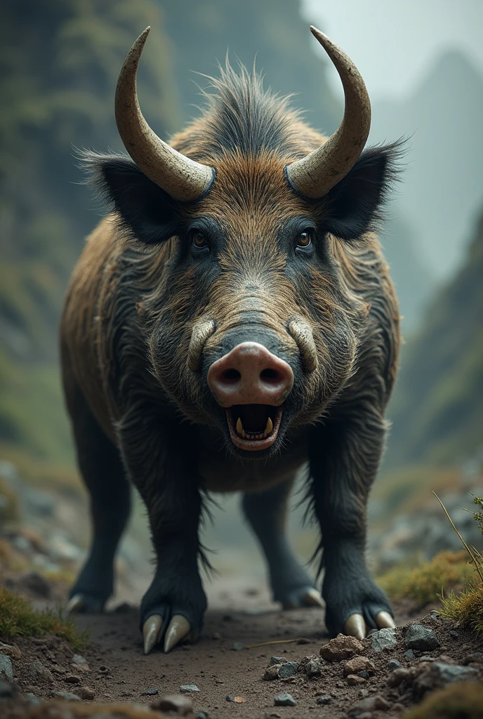 draw wild pig defeated has 2 horn and scary teeth