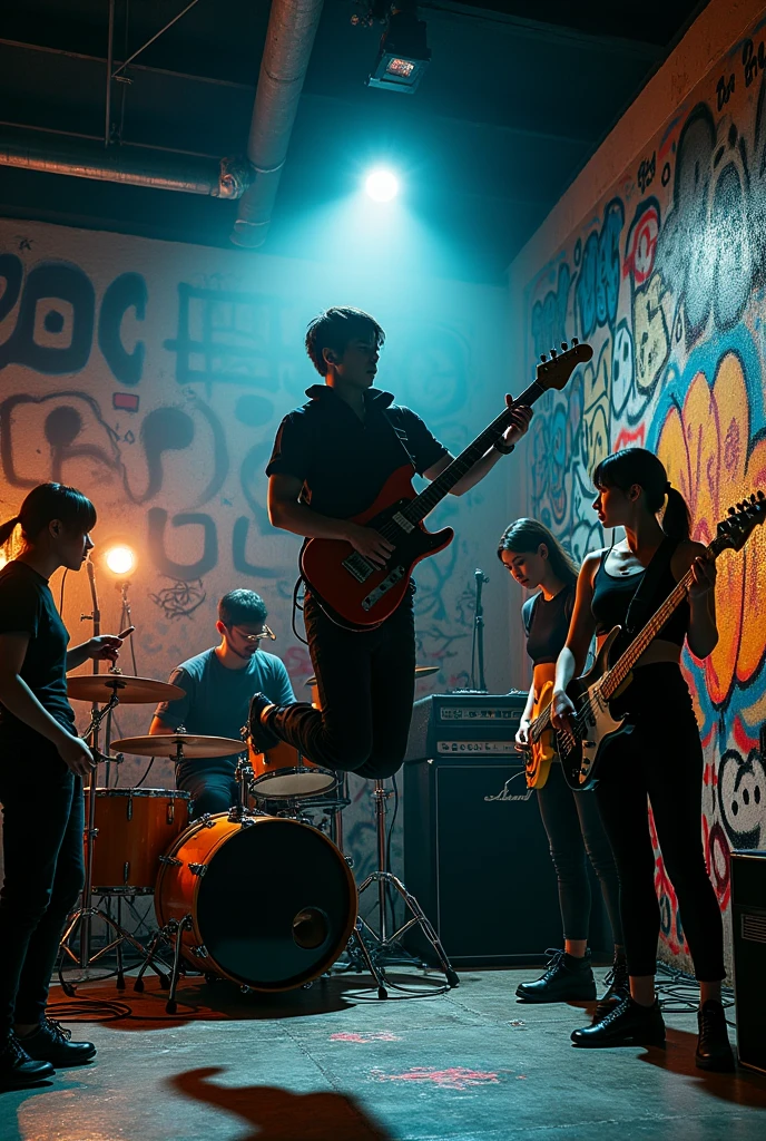 a slightly dark music studio with flash effects from a picture area like a photo with a wall full of graffiti containing a cool jumping man with his guitar, asian female drummer with pigtails, asian male vocalist, and the female bassist with her crop top. with a ratio of 9:16