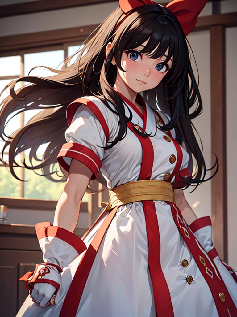 (masterpiece、top-quality、hight resolution、Unity 8k、extremely details CG:1,Best Picture), ((red ribbon)), hair band, A young woman with a delicate and pure appearance, characterized by a modest hairstyle and minimal makeup. She exudes an aura of innocence, with a soft, almost shy smile, "Clothing is slightly undone, with buttons, belts, or sashes left unfastened or loosely hanging. The outfit appears partially disheveled, with a focus on the details of unfastened buttons, loose belts, or undone sashes, giving the impression of an incomplete or relaxed state of dress.", nsfw, small breasts, fingerless gloves , short sleeves