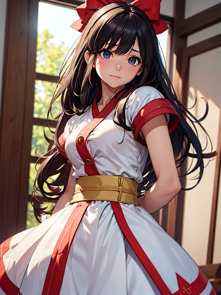 (​masterpiece、top-quality、hight resolution、Unity 8k、extremely details CG:1,Best Picture), ((red ribbon)), hair band, A young woman with a delicate and pure appearance, characterized by a modest hairstyle and minimal makeup. She exudes an aura of innocence, with a soft, almost shy smile, "Clothing is slightly undone, with buttons, belts, or sashes left unfastened or loosely hanging. The outfit appears partially disheveled, with a focus on the details of unfastened buttons, loose belts, or undone sashes, giving the impression of an incomplete or relaxed state of dress.", nsfw, small breasts, fingerless gloves , short sleeves