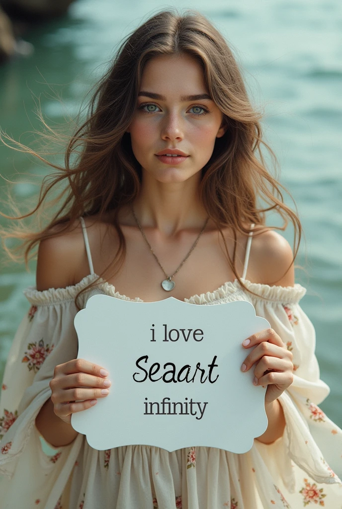 Beautiful girl with wavy long hair, bohemian dress, holding a white board with text "I Love Seaart Infinity" and showing it to the viewer