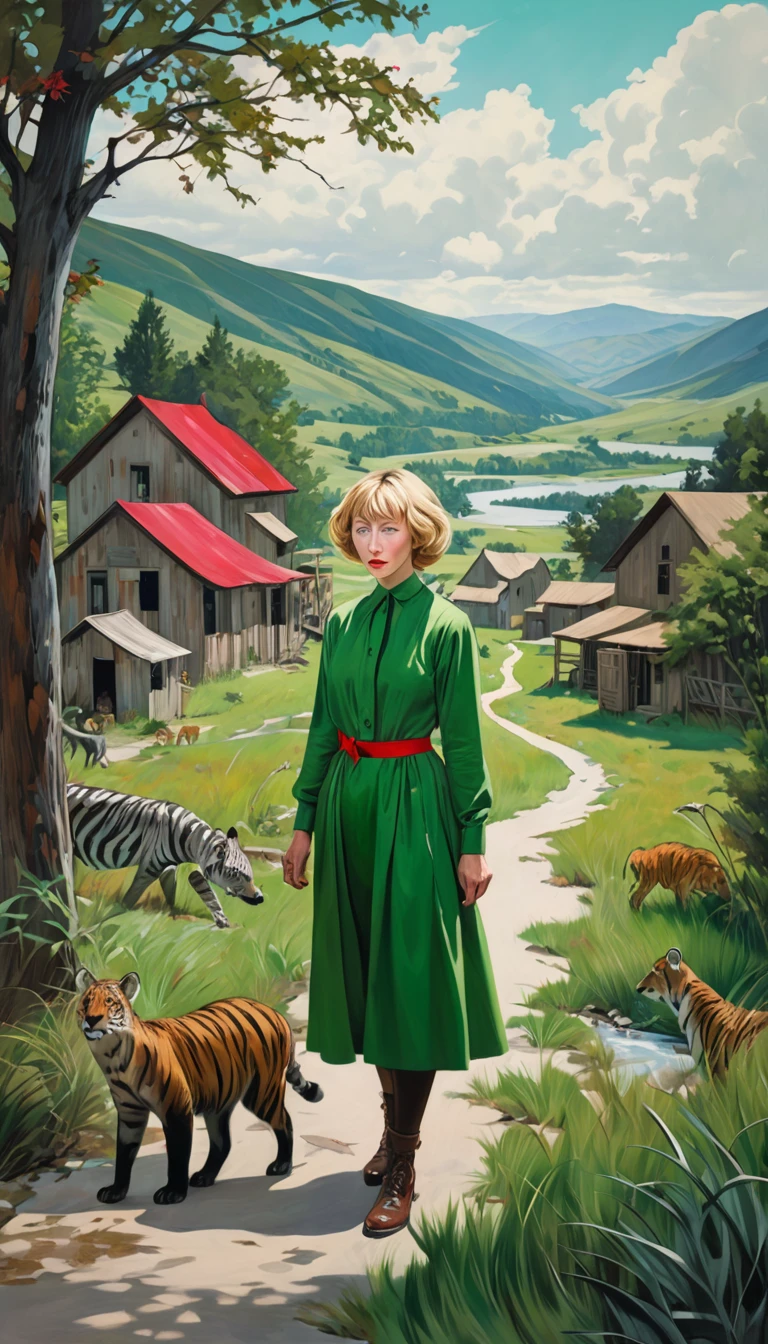 artist by Cindy Sherman,inside the village,wild animals,light tones,(smooth strokes),fine sketches,Vivid,Moody,Landscapes,Fantasy,Dark,landscape oil painting, red and green colors