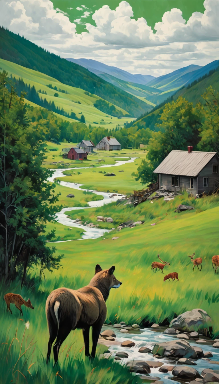 artist by Cindy Sherman,inside the village,wild animals,light tones,(smooth strokes),fine sketches,Vivid,Moody,Landscapes,Fantasy,Dark,landscape oil painting, red and green colors