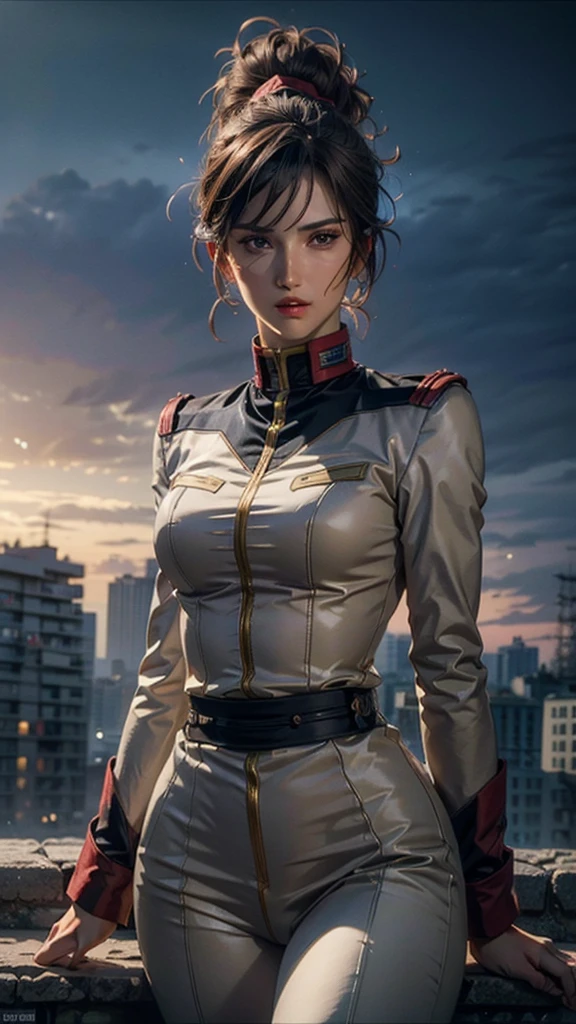 masterpiece, Highest quality, ultra-realistic, Ultra-detailed, 8k resolution, RAW Photos, Sharp focus, (one person), alone, Gorgeous face, Perfect body, Mature Woman, Age 25, Earth Federation Army Uniform, sexly, Messy Hair, cinematic, cinematic light,
