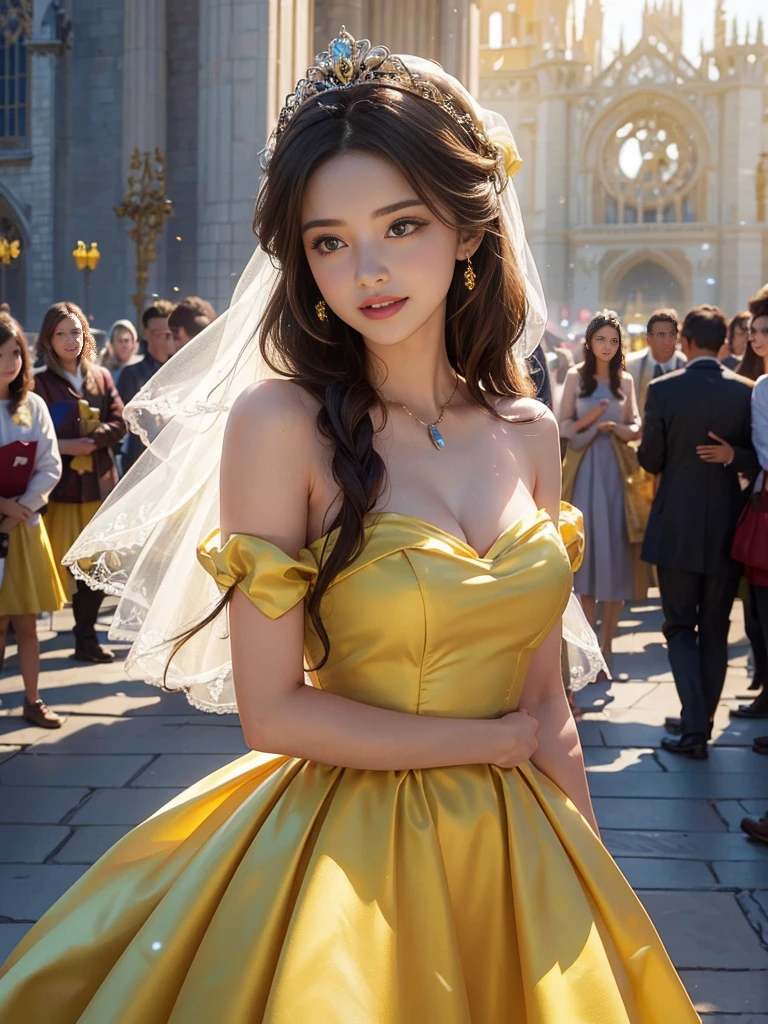 best quality, masterpiece, 1 girl, long hair, A huge laugh, cute teen, shiny lips, sweet, sun glare, Conservative attire, Disney Beauty and the Beast Princess Belle, yellow dress, Bridal Tiara, depth of field, blurred background, Cathedral Background, light particles, strong wind, head tilt