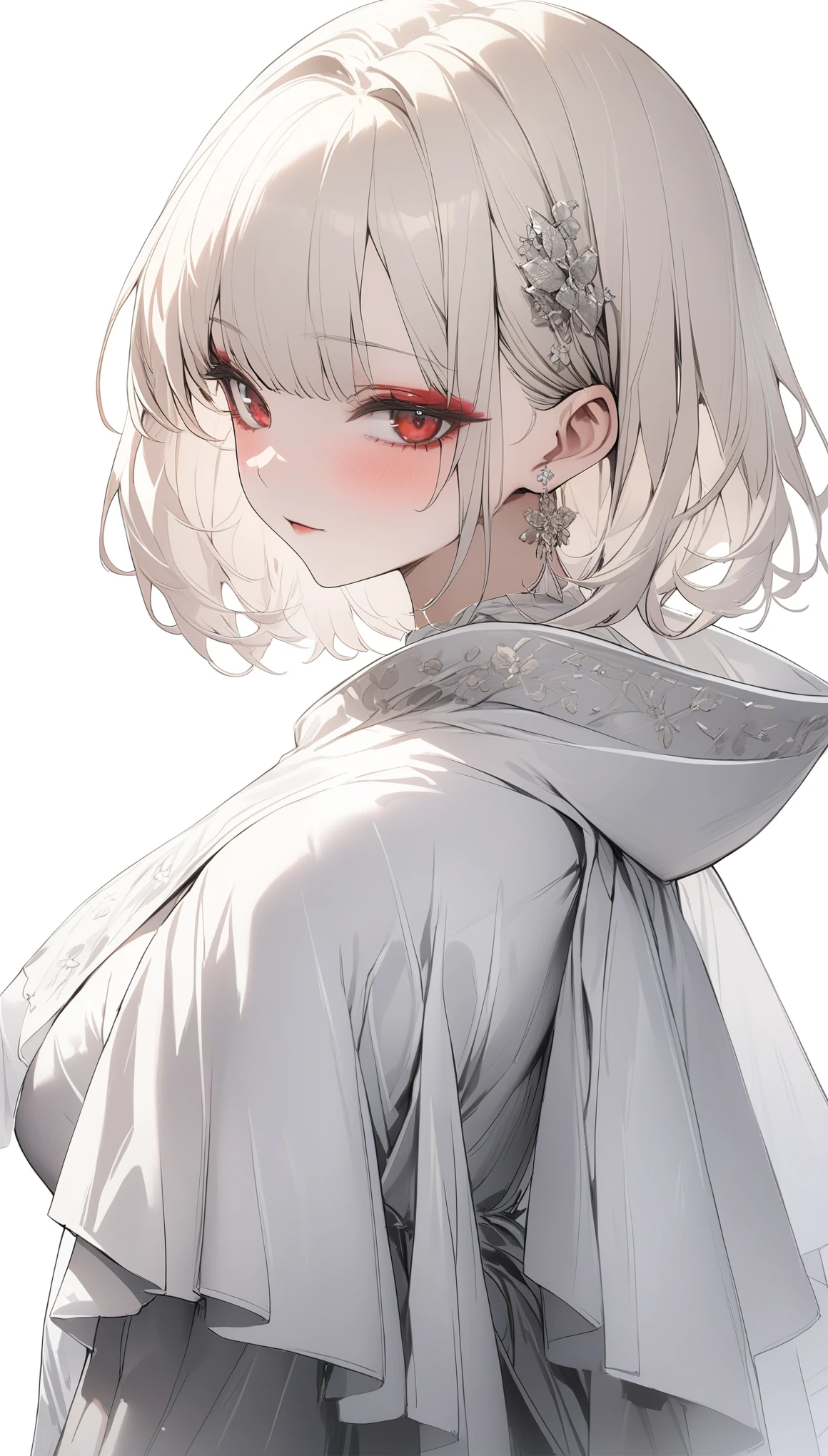 {{masterpiece}}, The best quality of life, 超High resolution, Attention to detail, high quality, High resolution, 最high quality, 4K, 8k,Attention to detail,((Silver fluffy short cut))) 、One person, 1 female、Perfect proportions,((perfect red eyes、Exquisite makeup)) ,((White background))、(((Sister、The Scapular))Expressionless、Cowboy Shot、Watching Me